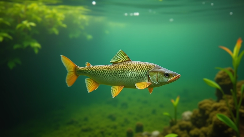 Žuvis ežero vandenyje — tincas arba lydeka plaukiojantis tarp vandens augalų